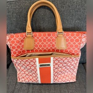 Vintage Nine West Coral and Tan Circle-Pattern Tote & Laptop bag